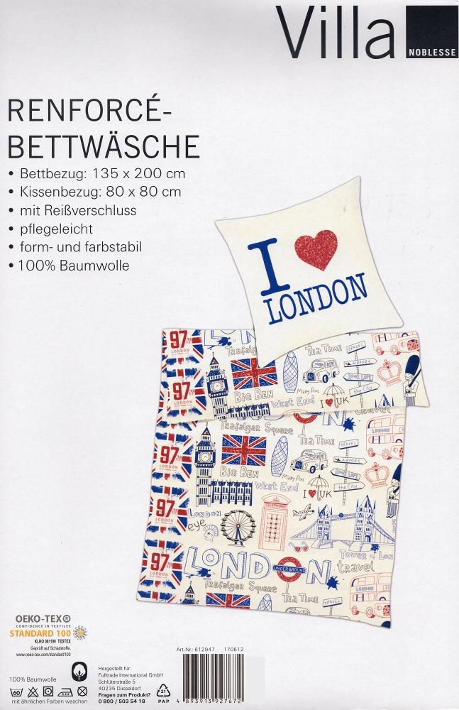Bettwäsche I love London - 135 x 200 cm + 80 x 80 cm - Baumwolle - Renforcé